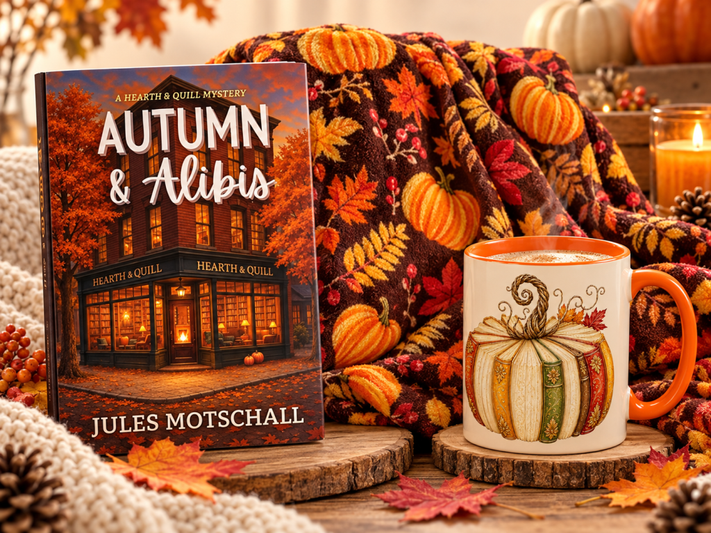 Cozy autumn scene featuring the book 'Autumn & Alibis' by Jules Motschall, surrounded by seasonal decorations including a colorful pumpkin mug, a patterned blanket with fall leaves and pumpkins, and natural elements like pine cones and leaves.
