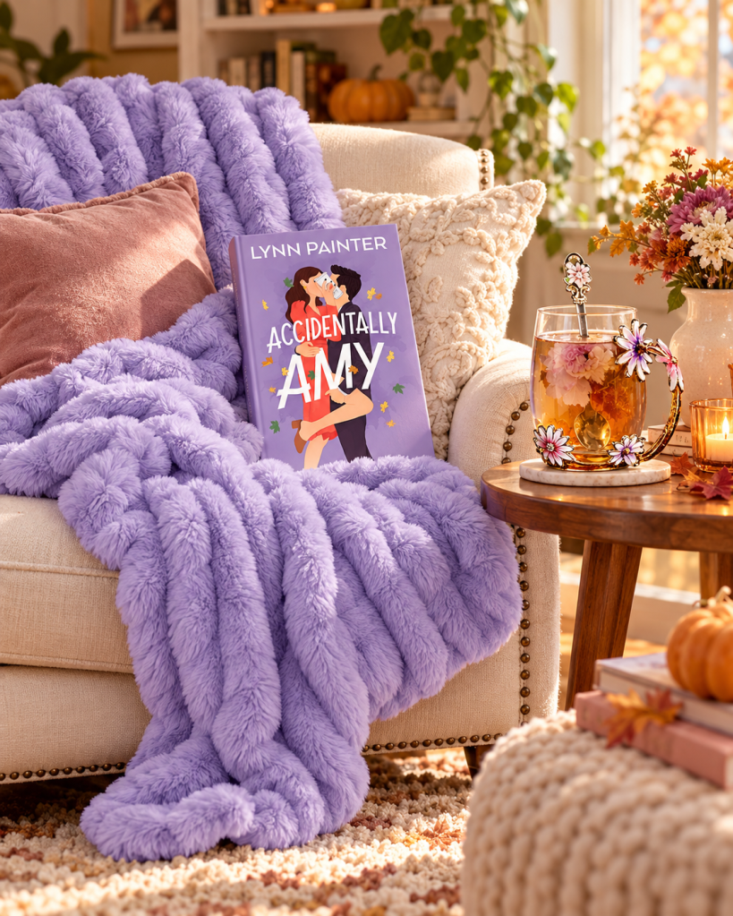 A cozy living room scene featuring a lavender faux fur blanket draped over a soft beige armchair. On the chair, there is a book titled 'Accidentally Amy' by Lynn Painter, along with a decorative tea glass and a small vase with colorful flowers on the side table, creating a warm and inviting atmosphere.