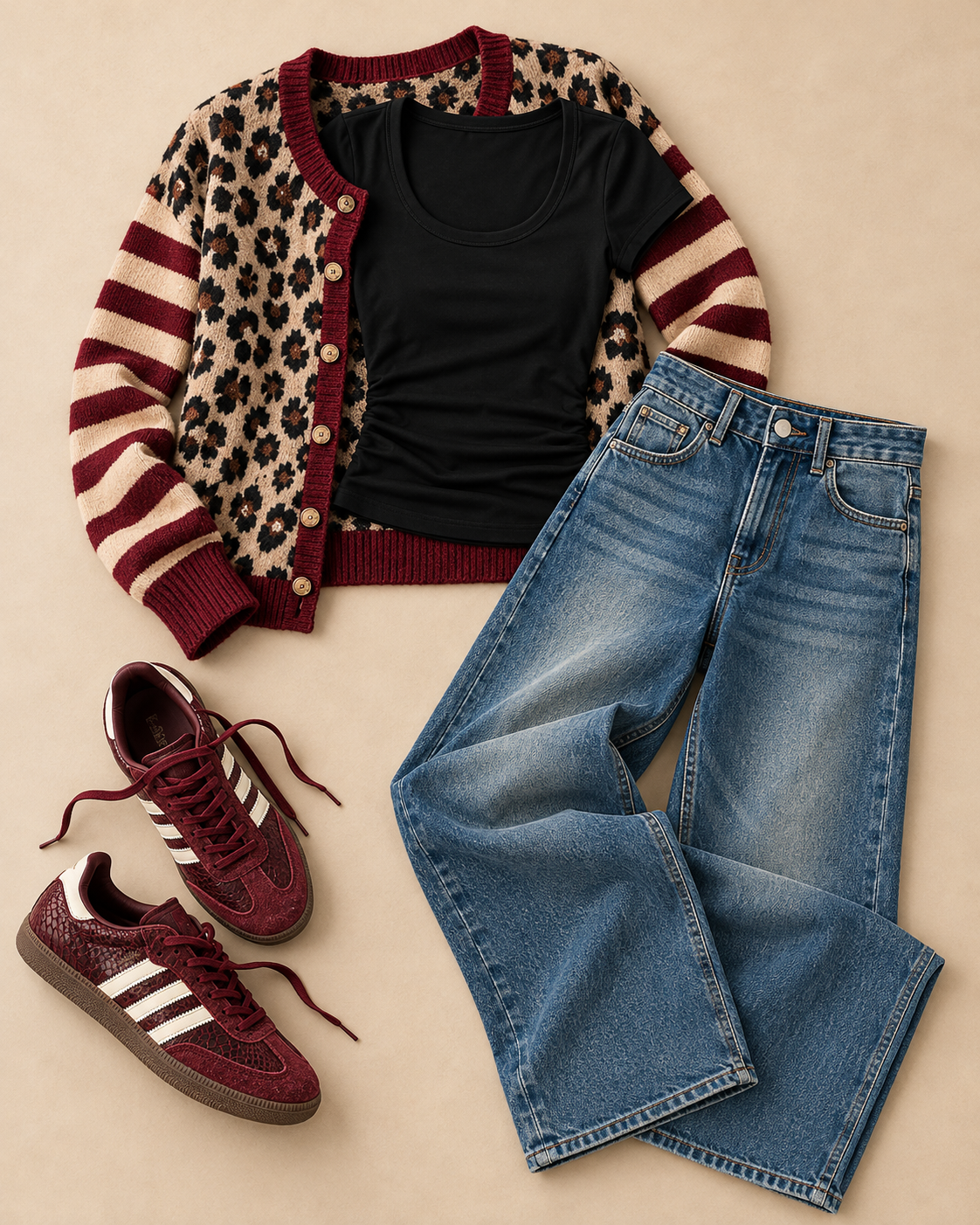 A stylish flat lay featuring a leopard print cardigan with red stripes, a black fitted t-shirt, blue jeans, and burgundy Adidas sneakers.
