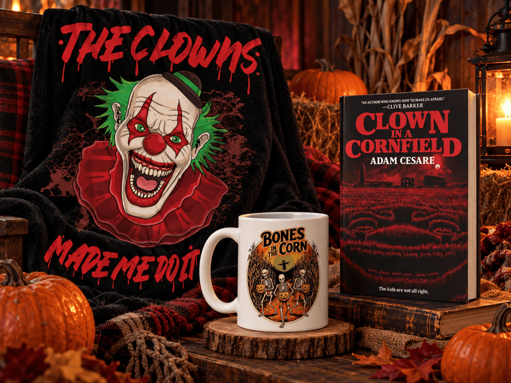 A cozy autumn scene featuring a black blanket with a clown design and the text 'The Clowns Made Me Do It', a white mug adorned with 'Bones in the Corn', and a book titled 'Clown in a Cornfield' by Adam Cesare, surrounded by pumpkins and rustic decor.