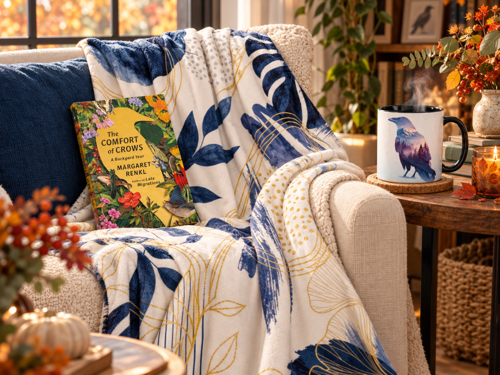 A cozy living room scene featuring a colorful blanket draped over a cream-colored sofa, a book titled 'The Comfort of Crows' by Margaret Renkl, a steaming mug with a raven design, and a decorative candle beside a small vase of autumn foliage.
