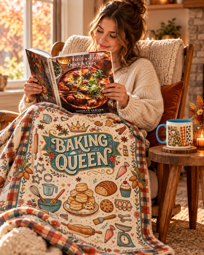 A woman smiling while reading a cookbook titled 'Quick & Cozy' from Half Baked Harvest, sitting in a cozy chair wrapped in a baking-themed blanket with illustrations of baked goods, alongside a decorative mug and a wooden table with a candle.