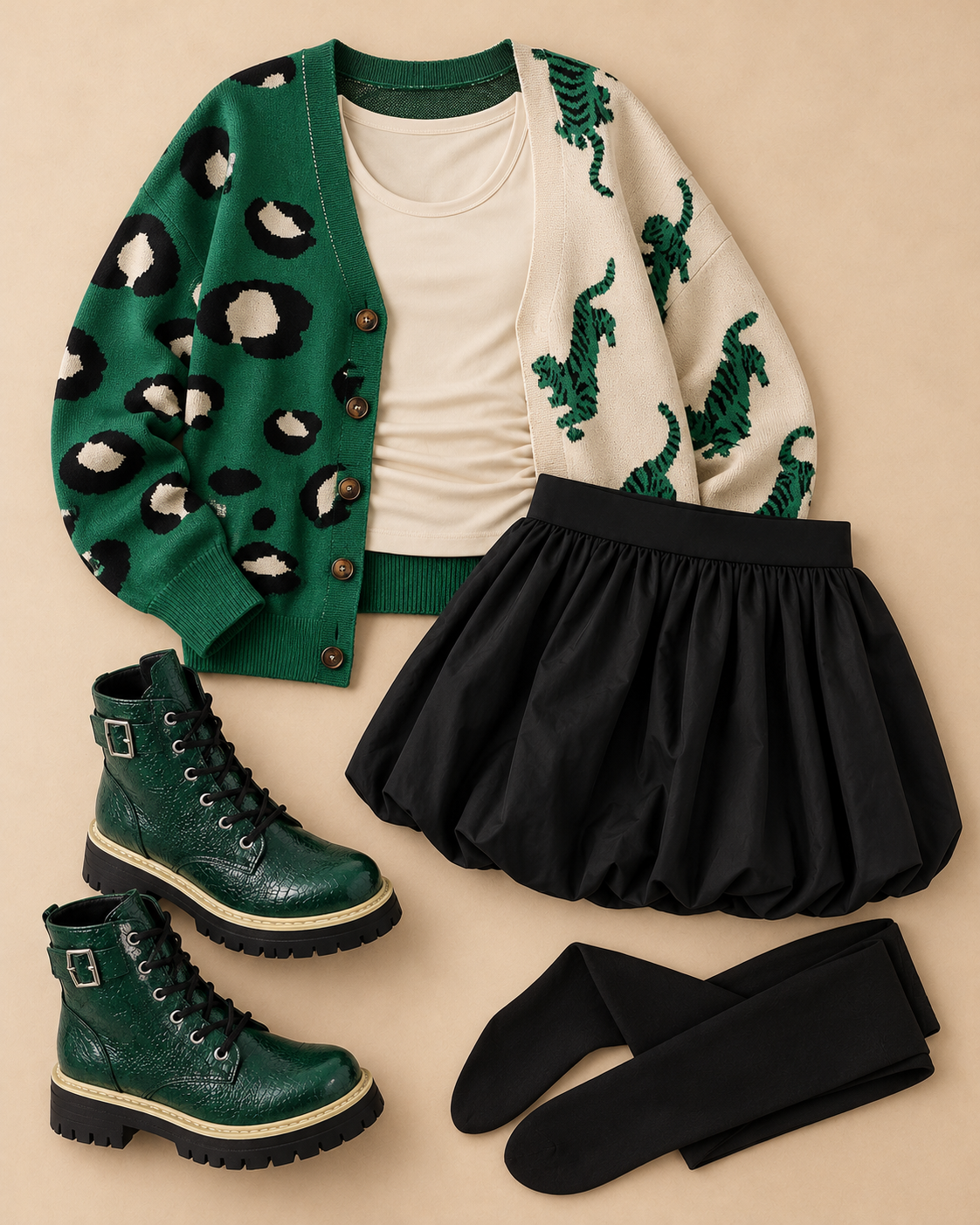 Flat lay of a stylish outfit featuring a green leopard print cardigan, a beige top, a black voluminous skirt, green combat boots, and black tights.