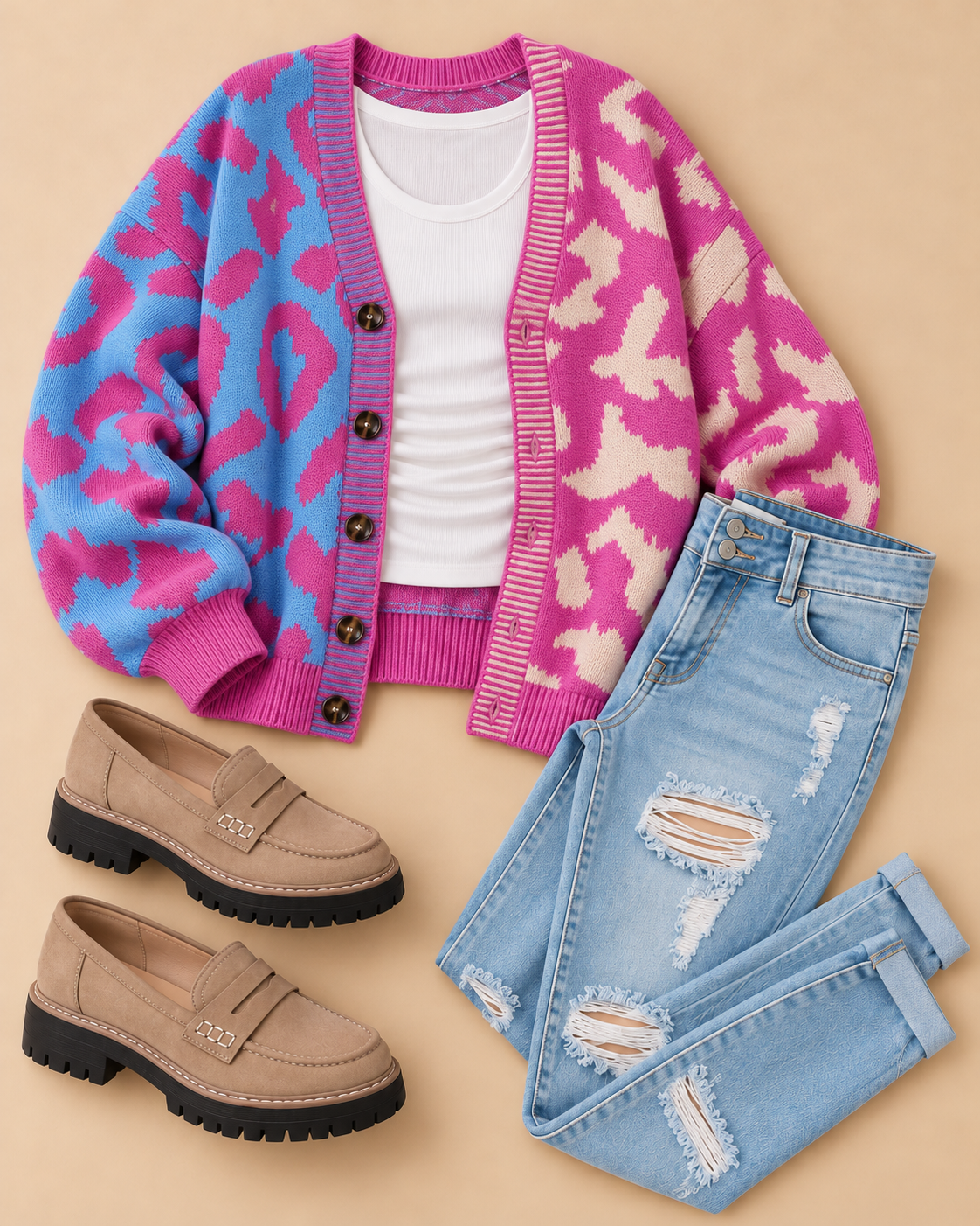 Flat lay of a colorful leopard print cardigan in blue and pink, a white tank top, distressed light blue jeans, and beige loafers with black soles.