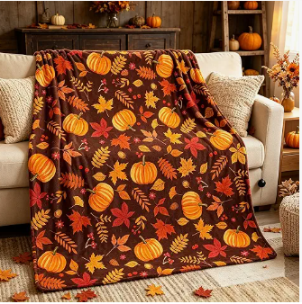 Pumpkin-covered autumn throw blanket draped over a sofa
