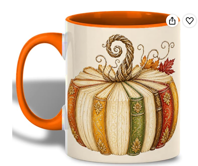 Book-shaped pumpkin mug with autumn leaves and an orange handle