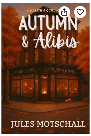 Book cover for 'Autumn & Alibis' by Jules Motschall featuring a cozy coffee shop, 'Hearth & Quill', surrounded by autumn leaves.