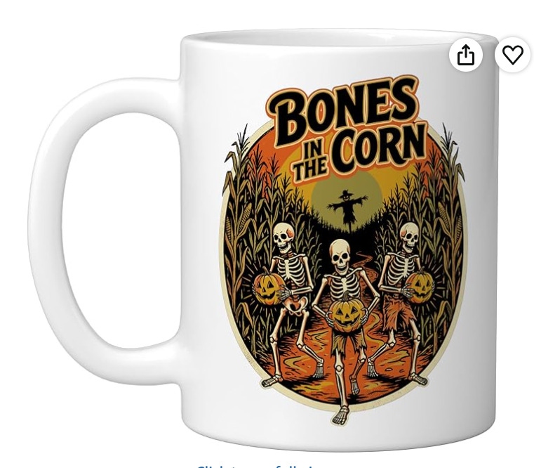 Bones in the Corn mug with skeletons, pumpkins, and a cornfield design