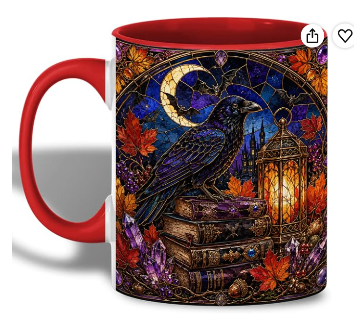 Raven and moon autumn mug with books, lantern, and colorful leaves