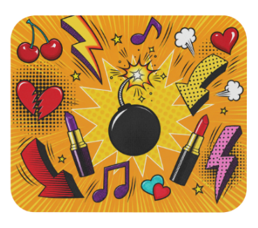 A vibrant and colorful pop art-style illustration featuring a black bomb at the center, surrounded by red hearts, cherries, lipsticks, musical notes, lightning bolts, and comic-style explosion effects on an orange background.