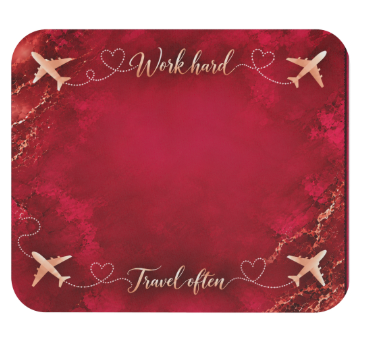 Burgundy mouse pad with gold airplanes and heart-shaped flight paths
