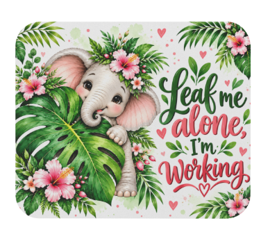 Elephant mouse pad with tropical leaves and pink flowers