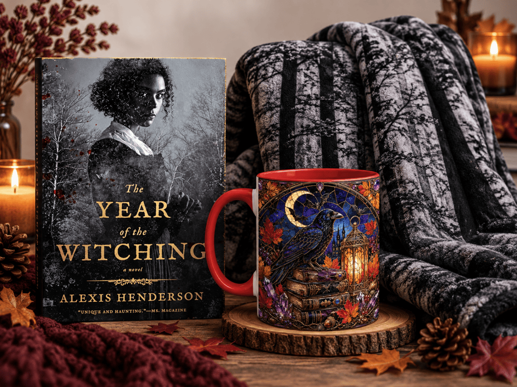 A cozy autumn scene featuring a book titled 'The Year of the Witching' by Alexis Henderson, a decorative mug with a raven design, a soft black and gray patterned blanket, and candlelight in a warm setting.